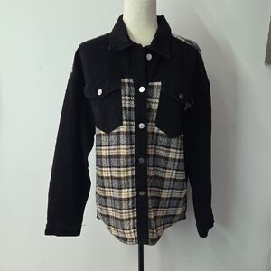 Boutique Black and Plaid Button-Up Jacket
